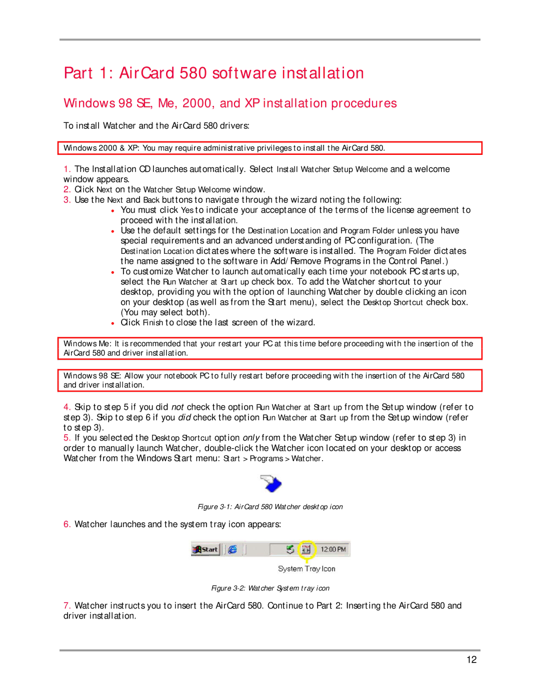 Sierra Wireless manual Part 1 AirCard 580 software installation, Windows 98 SE, Me, 2000, and XP installation procedures 