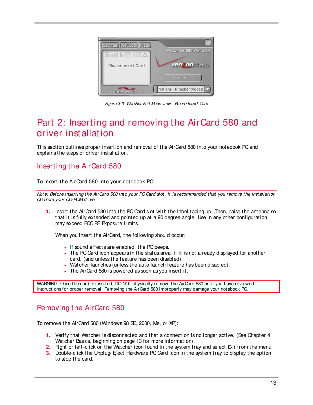 Sierra Wireless manual Inserting the AirCard, Removing the AirCard, To insert the AirCard 580 into your notebook PC 