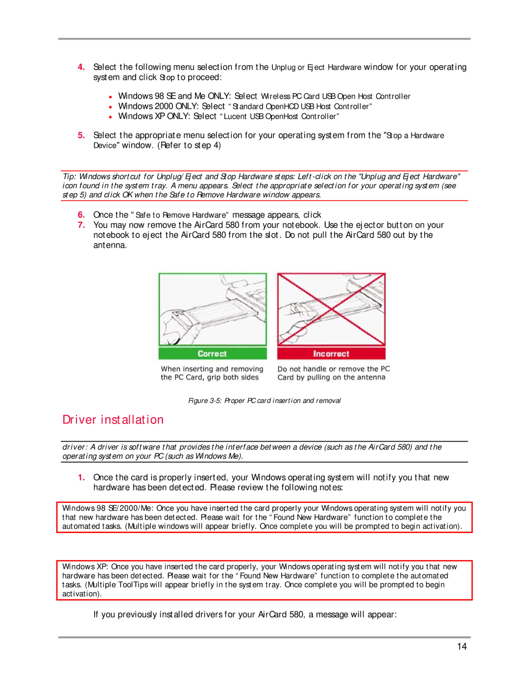 Sierra Wireless AirCard 580 manual Driver installation, Proper PC card insertion and removal 