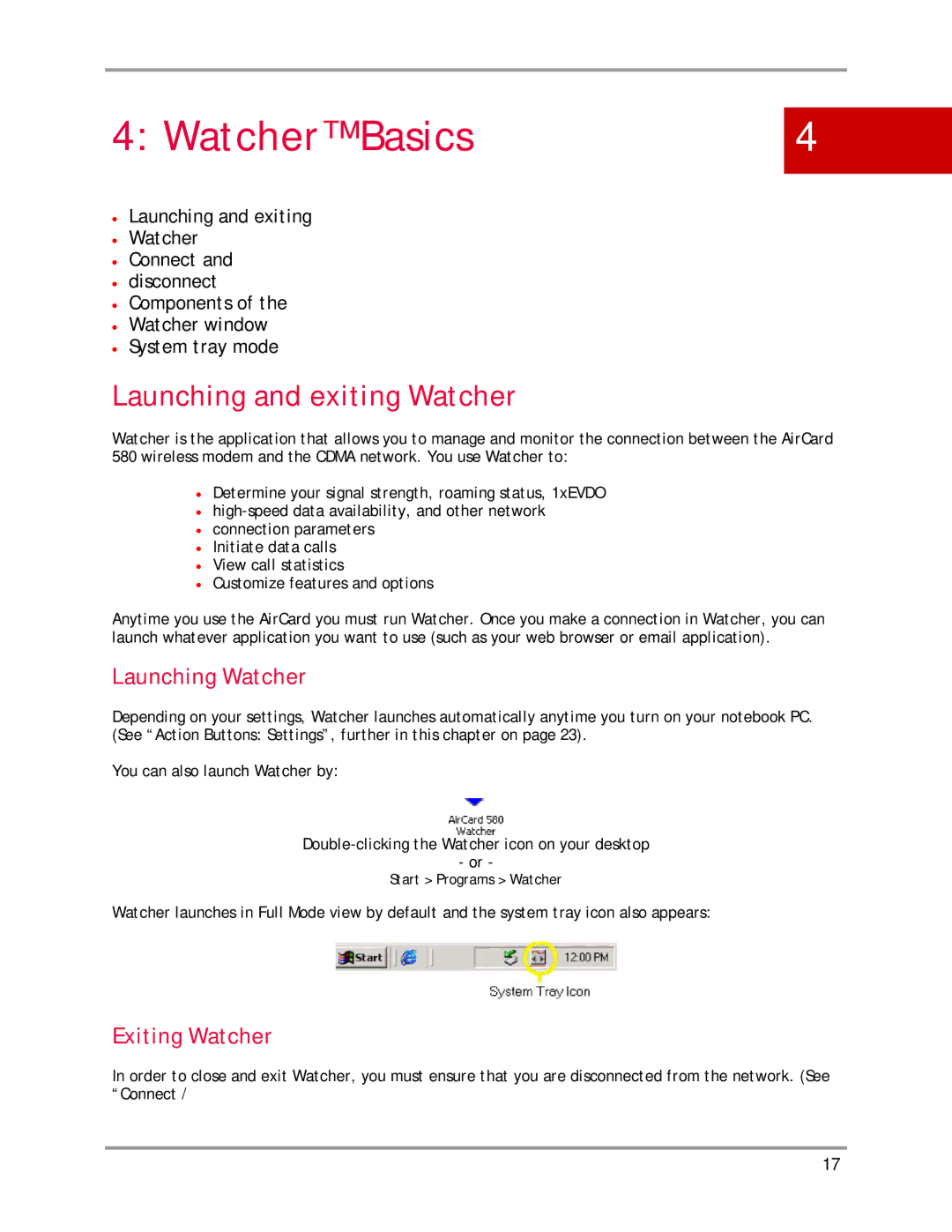 Sierra Wireless AirCard 580 manual Watcher Basics, Launching and exiting Watcher, Launching Watcher, Exiting Watcher 