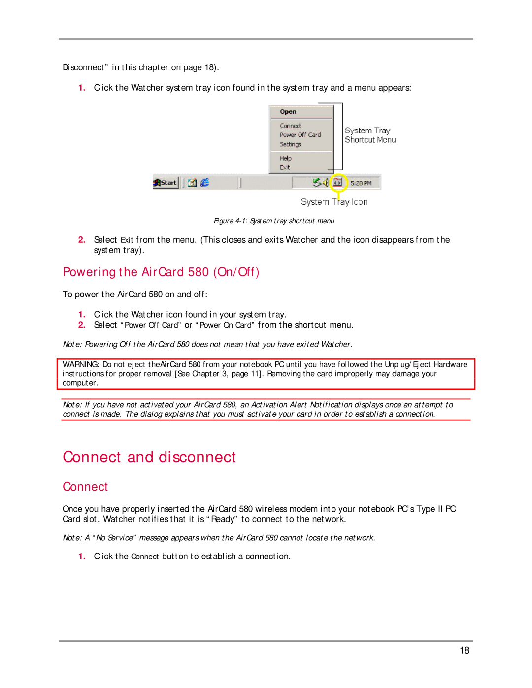 Sierra Wireless manual Connect and disconnect, Powering the AirCard 580 On/Off 