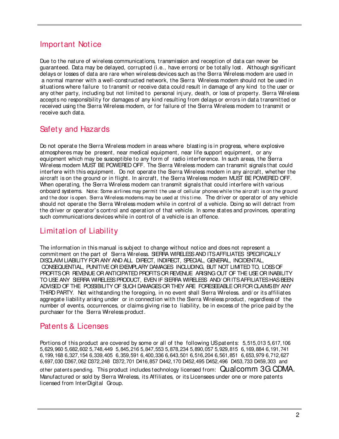 Sierra Wireless AirCard 580 manual Important Notice, Safety and Hazards, Limitation of Liability, Patents & Licenses 