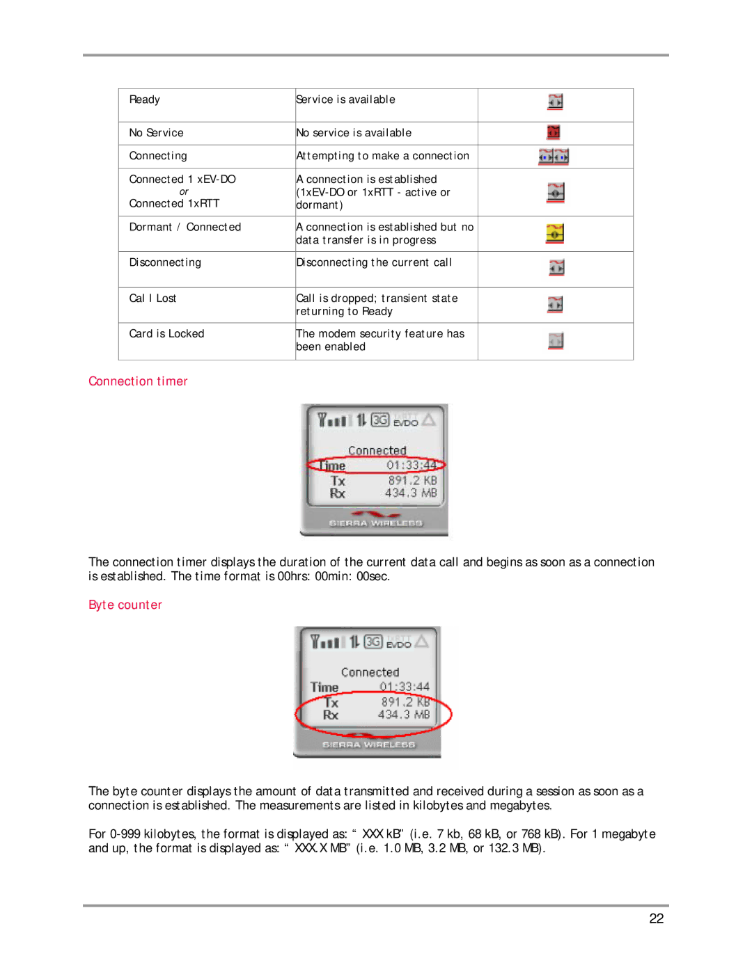 Sierra Wireless AirCard 580 manual Connection timer, Byte counter 