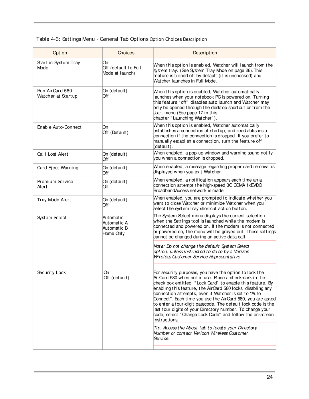 Sierra Wireless AirCard 580 manual Settings Menu General Tab Options Option Choices Description 