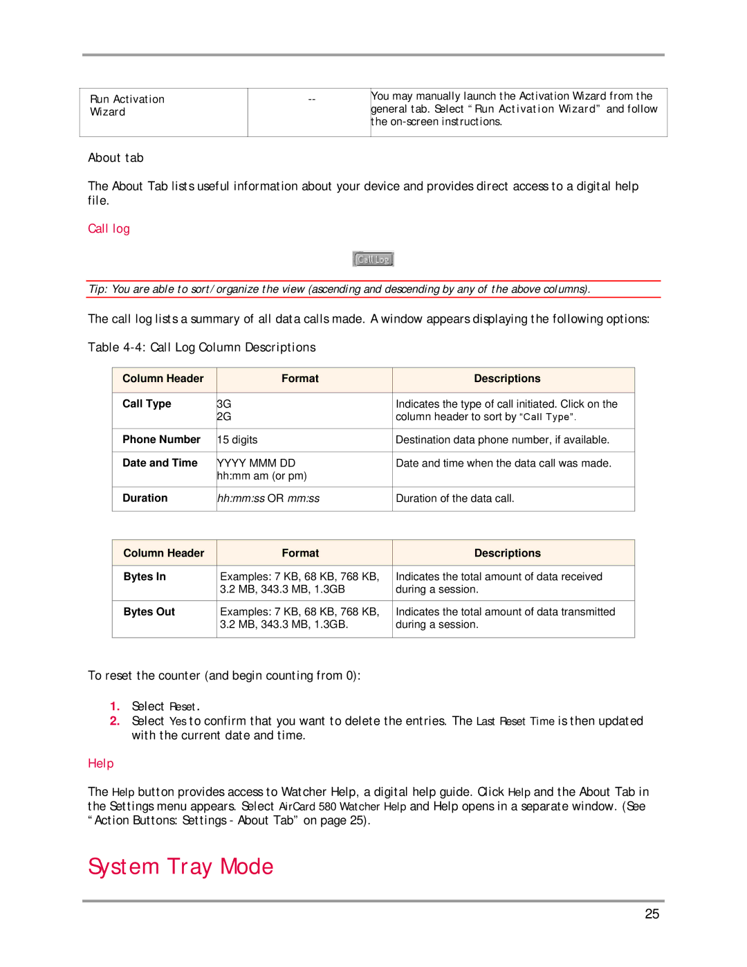 Sierra Wireless AirCard 580 manual System Tray Mode, About tab, Call log, Call Log Column Descriptions, Help 