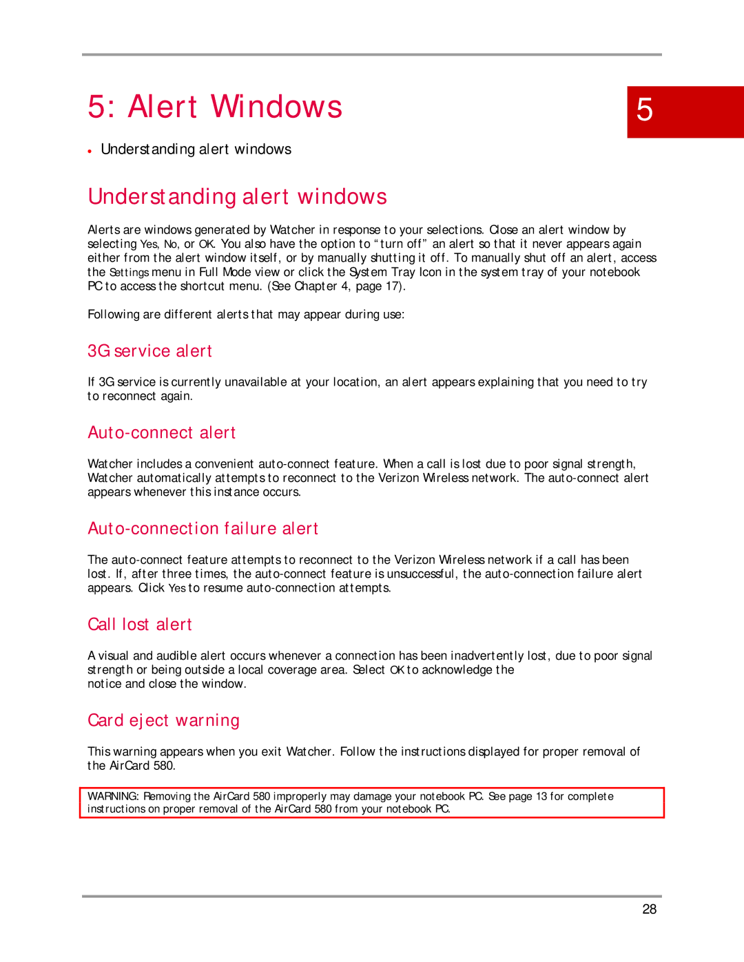 Sierra Wireless AirCard 580 manual Alert Windows, Understanding alert windows 