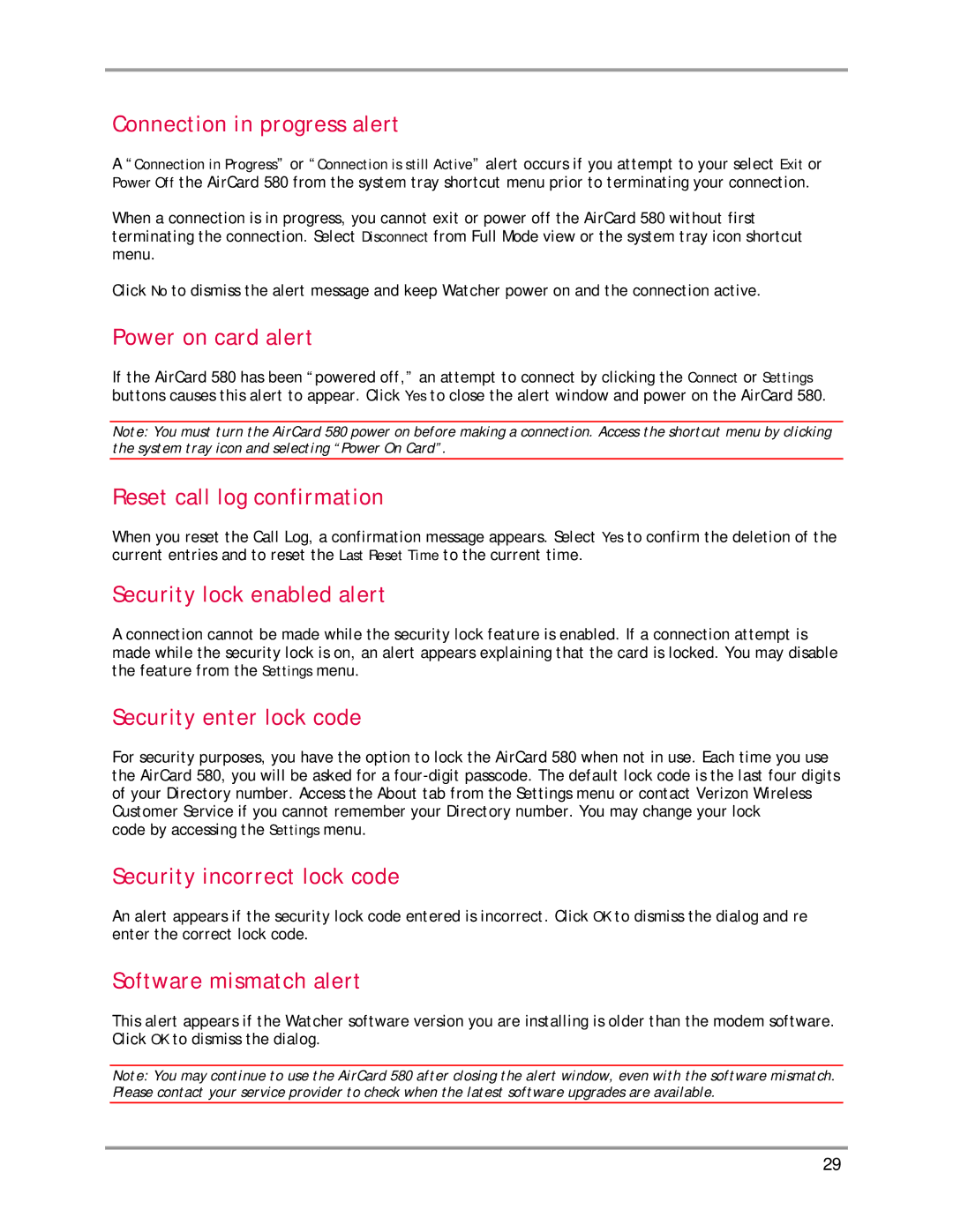 Sierra Wireless AirCard 580 manual Connection in progress alert, Power on card alert, Reset call log confirmation 