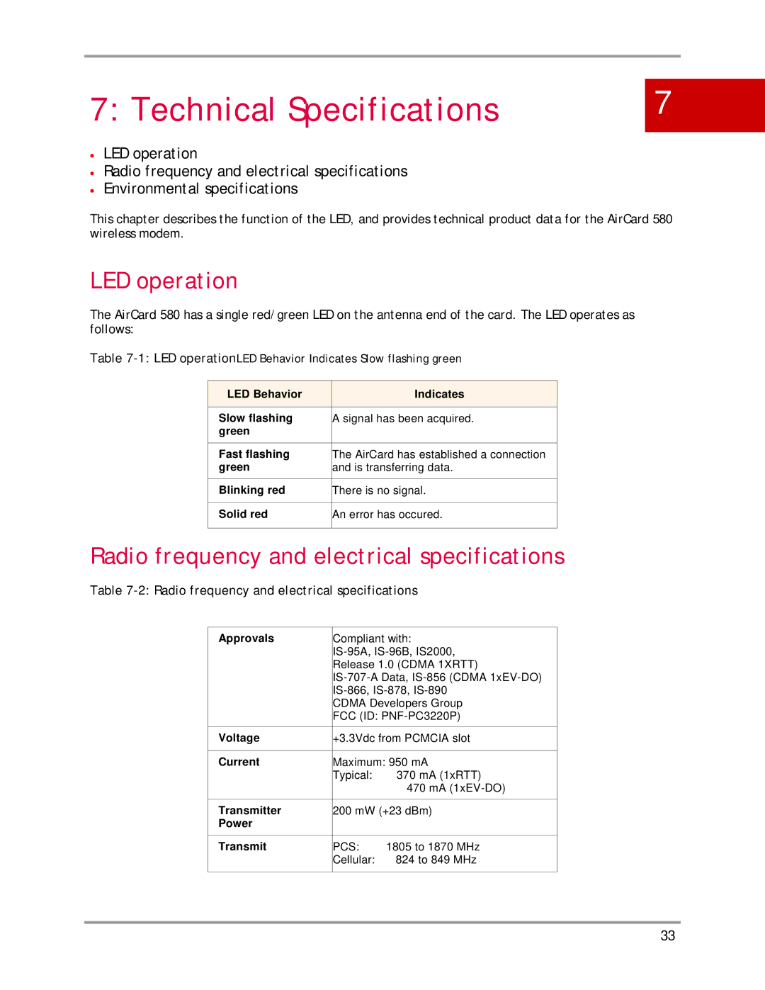 Sierra Wireless AirCard 580 manual Technical Specifications, LED operation, Radio frequency and electrical specifications 