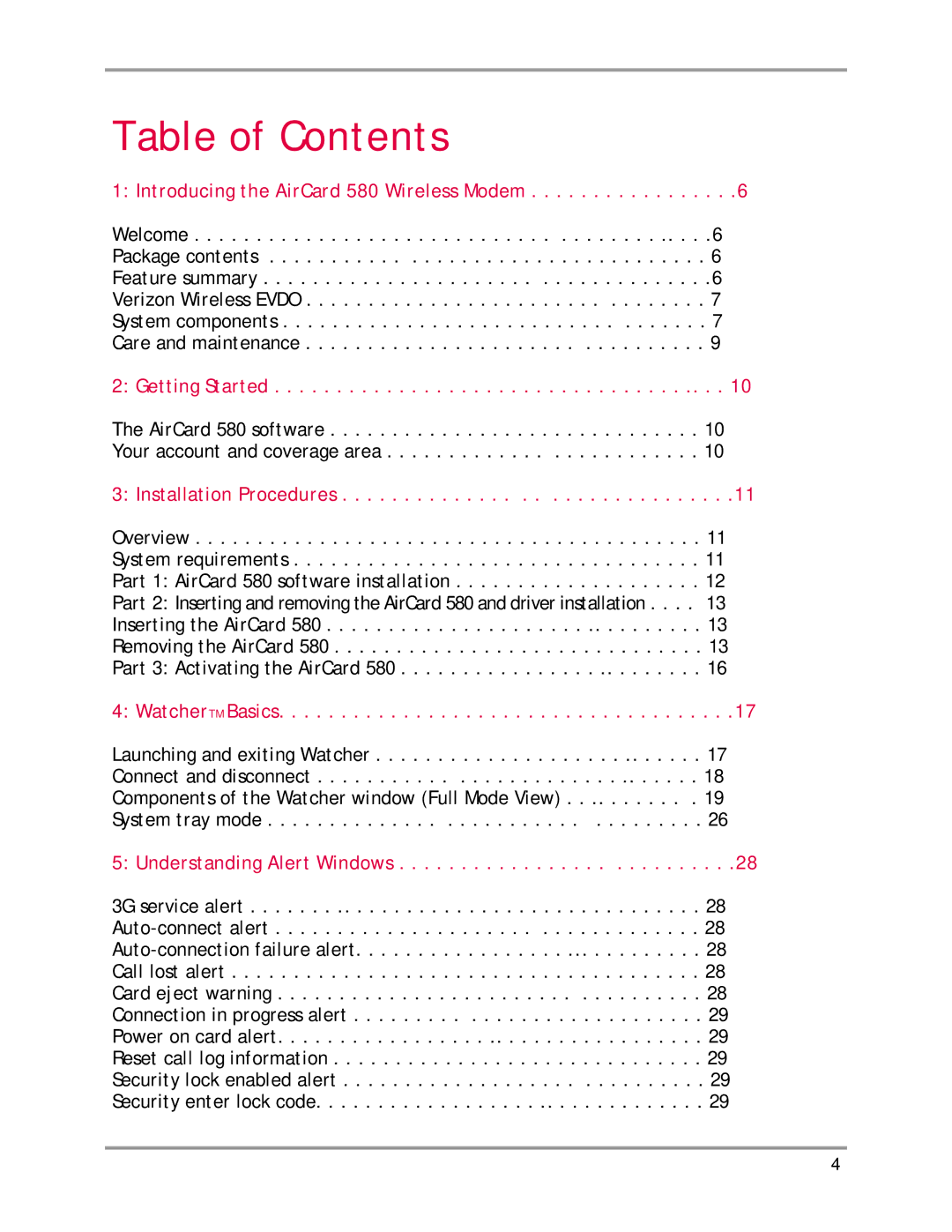 Sierra Wireless AirCard 580 manual Table of Contents 