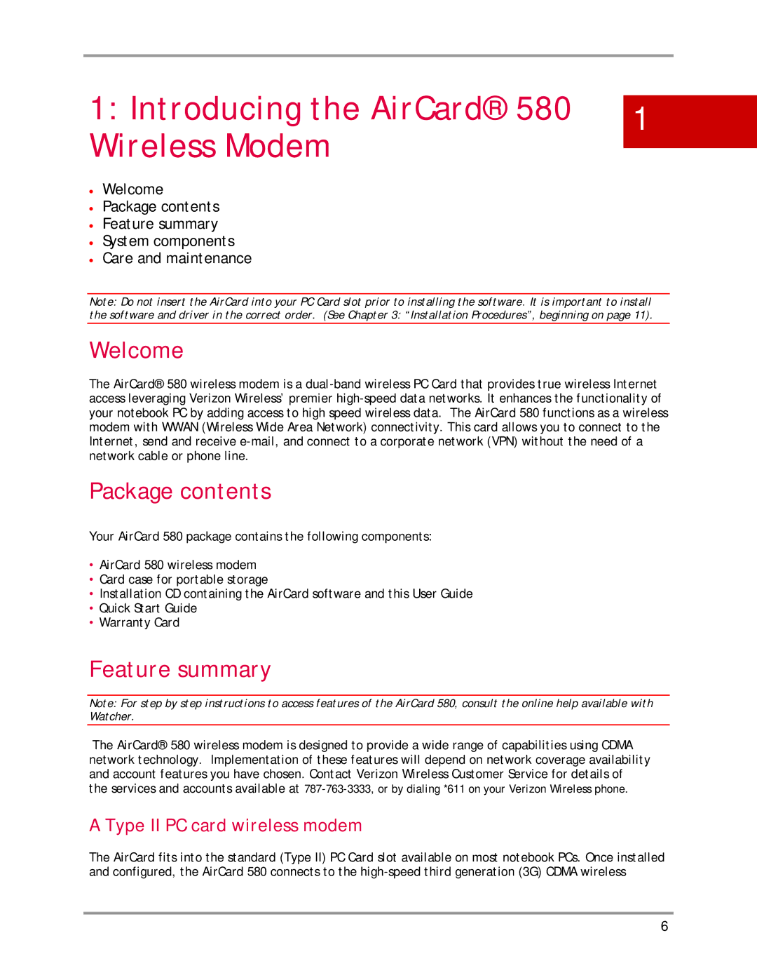 Sierra Wireless AirCard 580 manual Introducing the AirCard Wireless Modem, Welcome, Package contents, Feature summary 