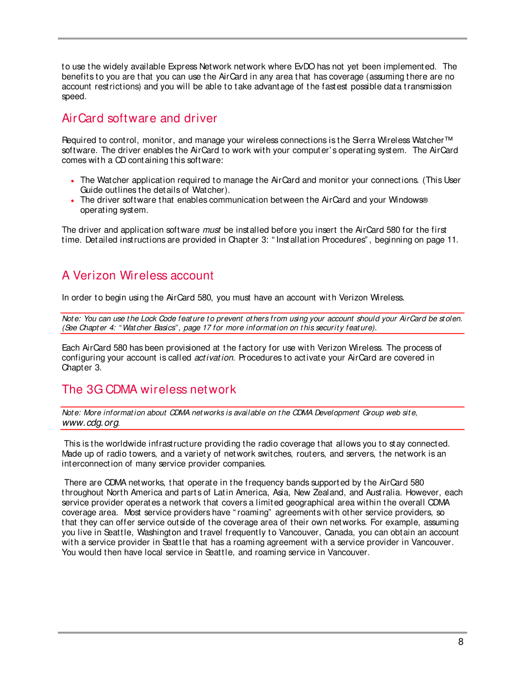 Sierra Wireless AirCard 580 manual AirCard software and driver, Verizon Wireless account, 3G Cdma wireless network 