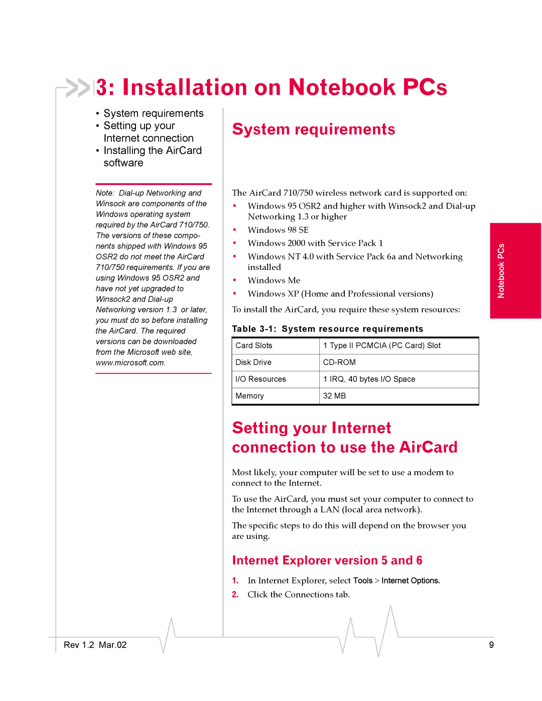 Sierra Wireless AirCard 710, AirCard 750 Installation on Notebook PCs, System requirements, Internet Explorer version 5 