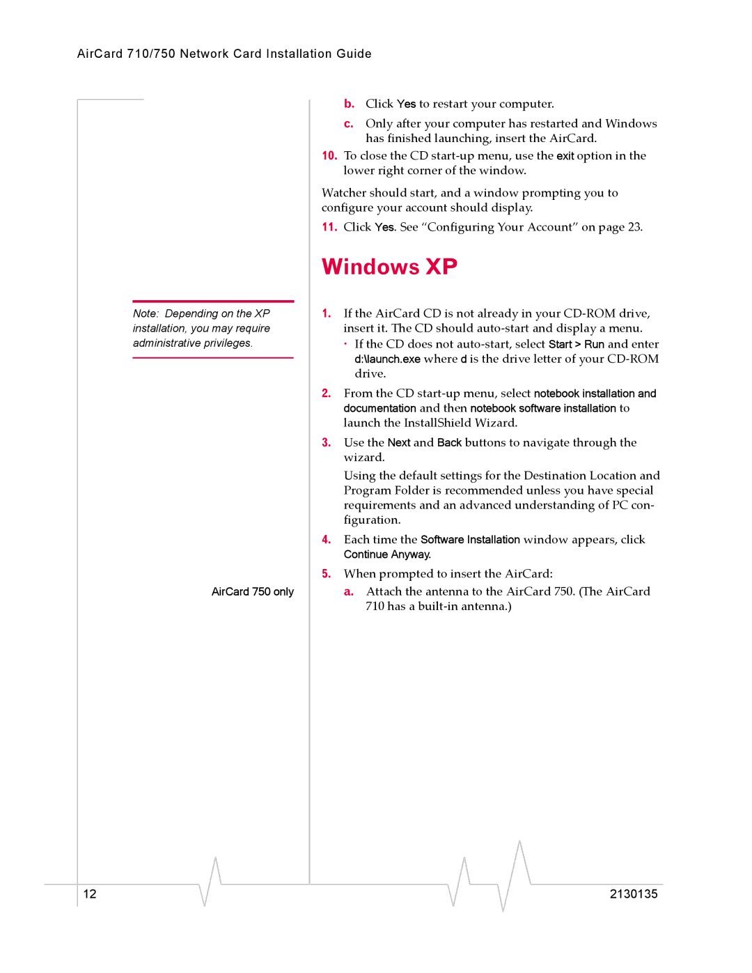 Sierra Wireless AirCard 750, AirCard 710 manual Windows XP 