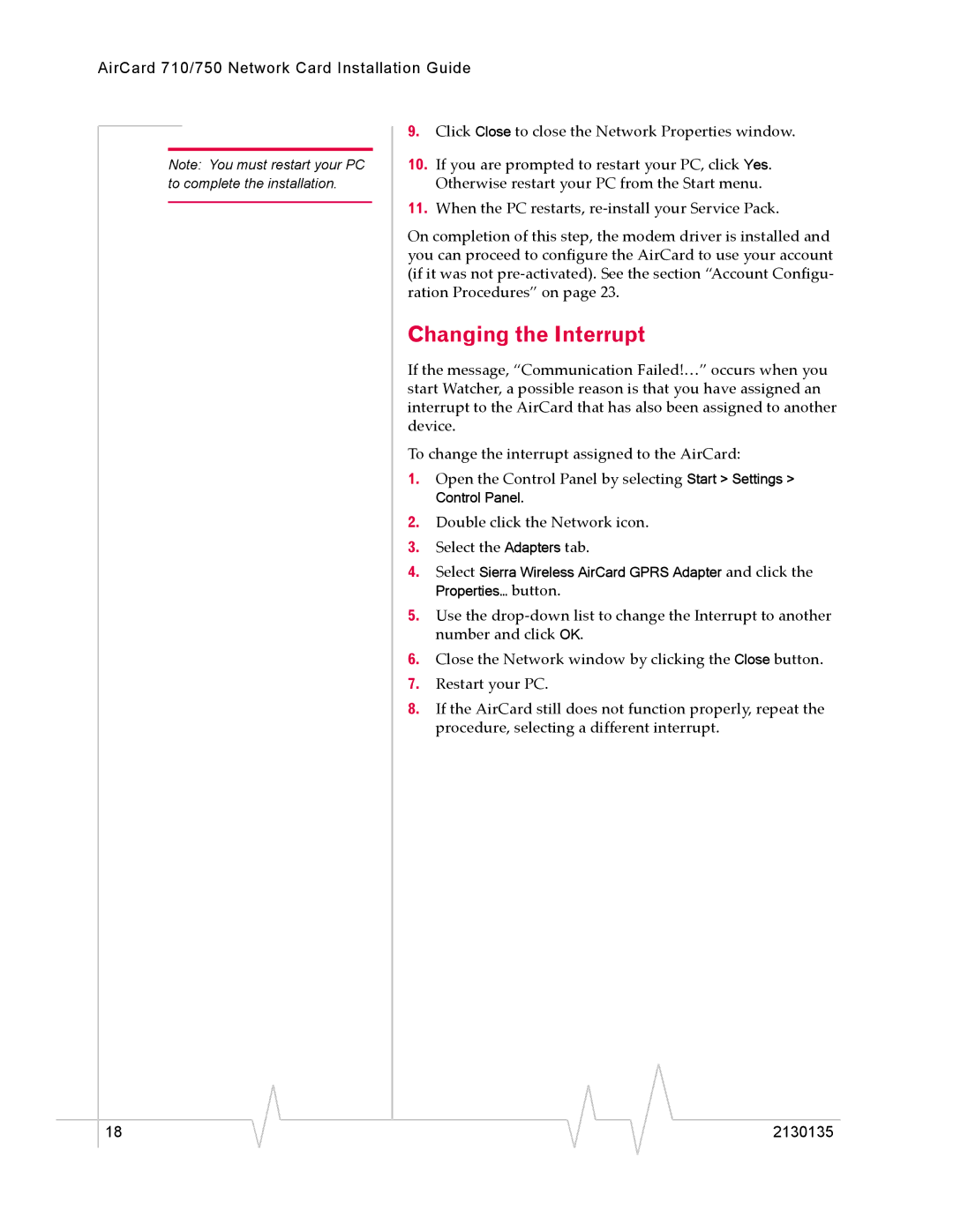 Sierra Wireless AirCard 750, AirCard 710 manual Changing the Interrupt 