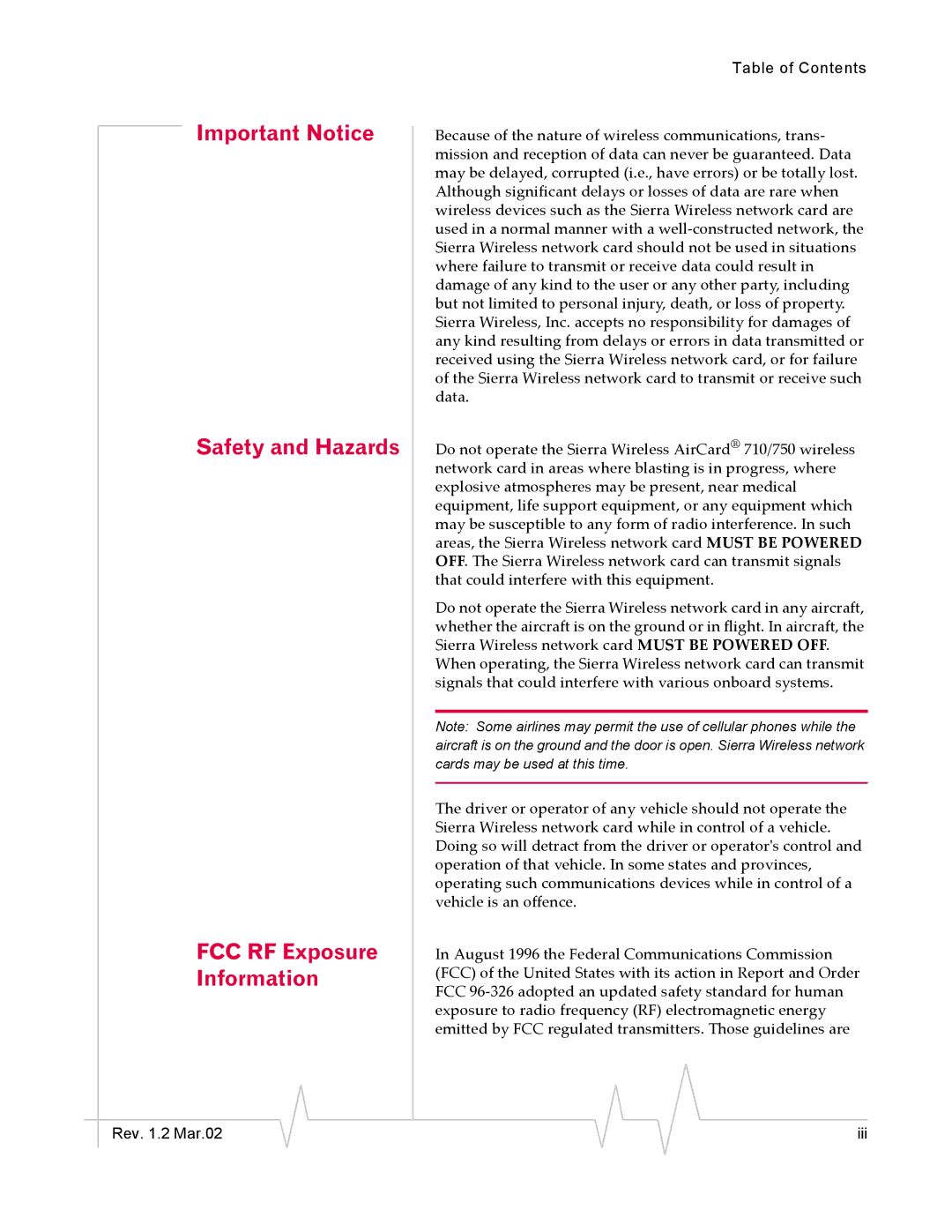 Sierra Wireless AirCard 710, AirCard 750 manual Rev .2 Mar.02 Table of Contents 