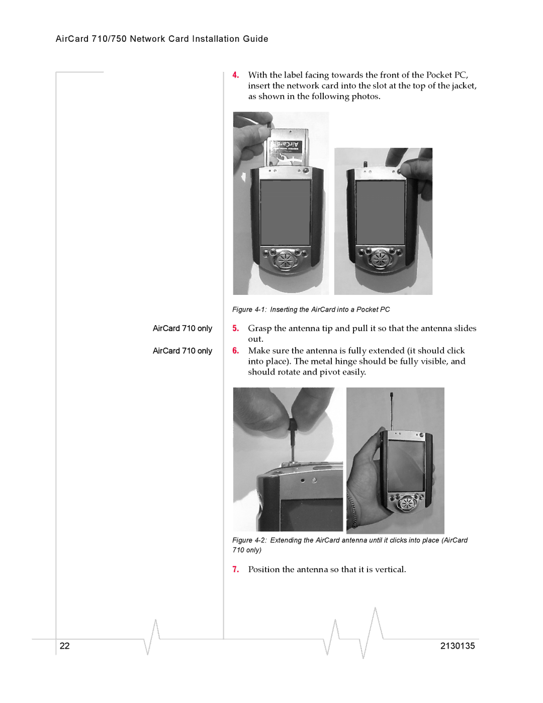 Sierra Wireless AirCard 750 manual Position the antenna so that it is vertical, Inserting the AirCard into a Pocket PC 