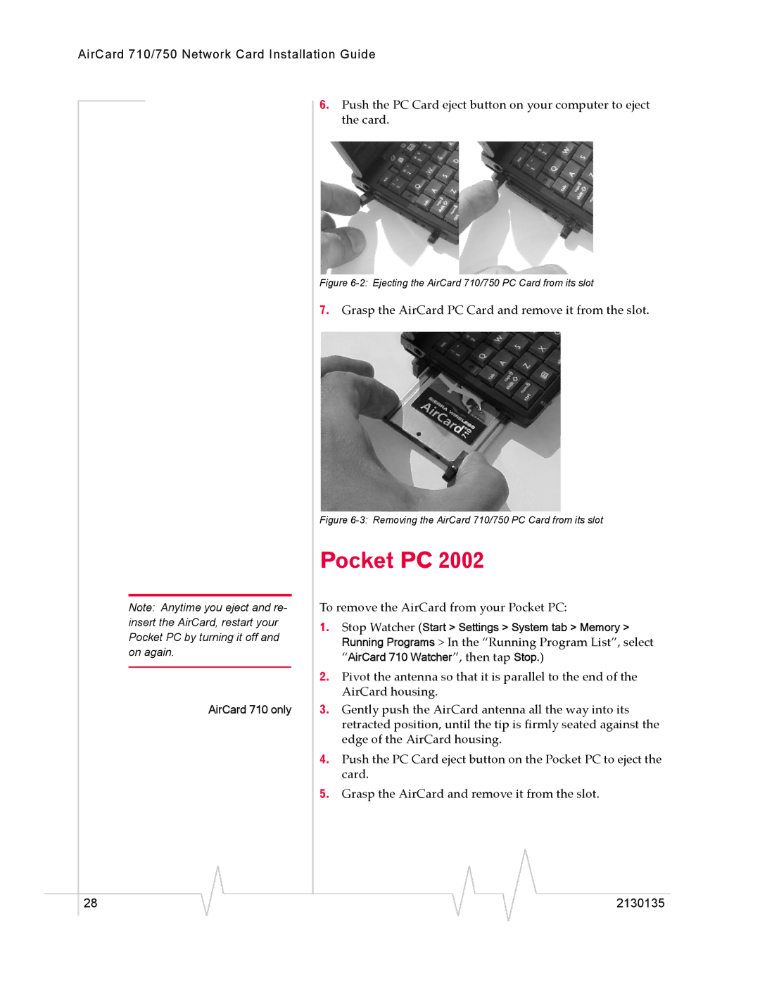 Sierra Wireless AirCard 750, AirCard 710 manual Grasp the AirCard PC Card and remove it from the slot 