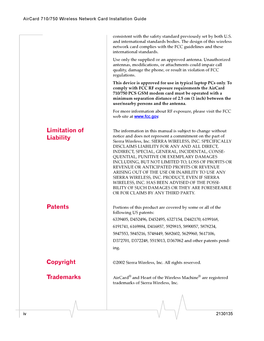 Sierra Wireless AirCard 750, AirCard 710 manual Limitation of Liability Patents Copyright Trademarks 