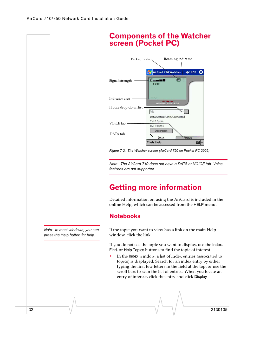 Sierra Wireless AirCard 750, AirCard 710 manual Components of the Watcher screen Pocket PC, Getting more information 