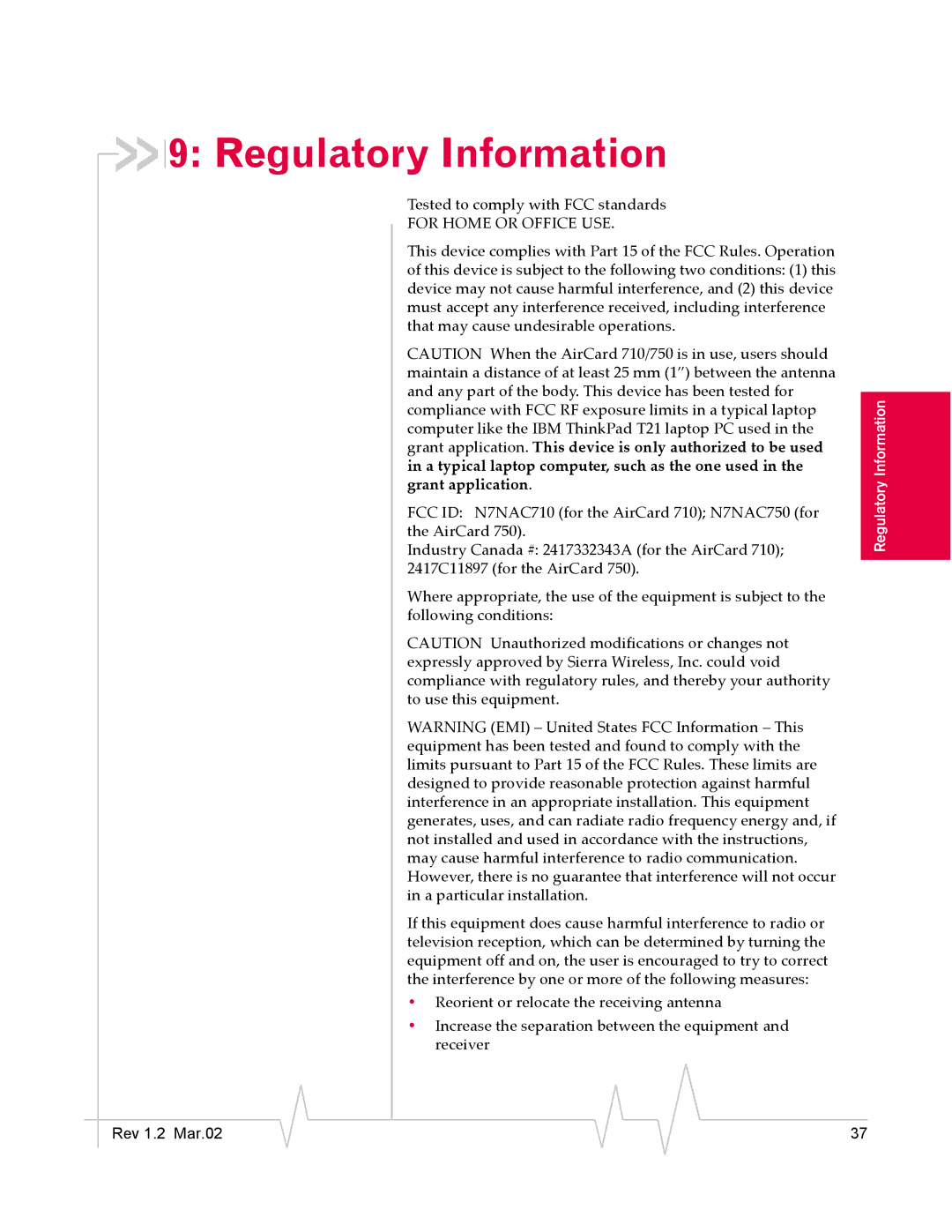 Sierra Wireless AirCard 710, AirCard 750 manual Regulatory Information, Tested to comply with FCC standards 