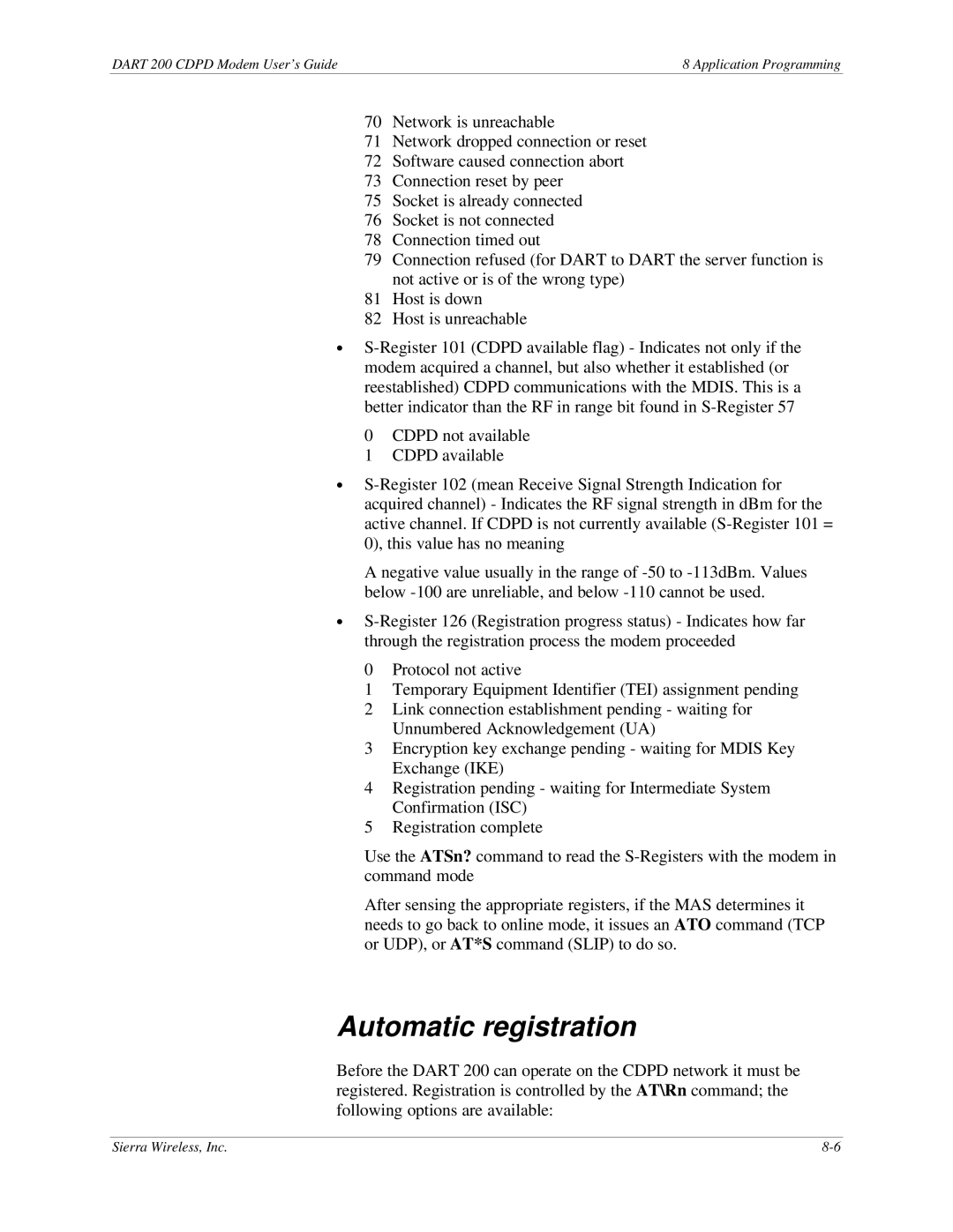 Sierra Wireless DART 200 CDPD Modem manual Automatic registration 