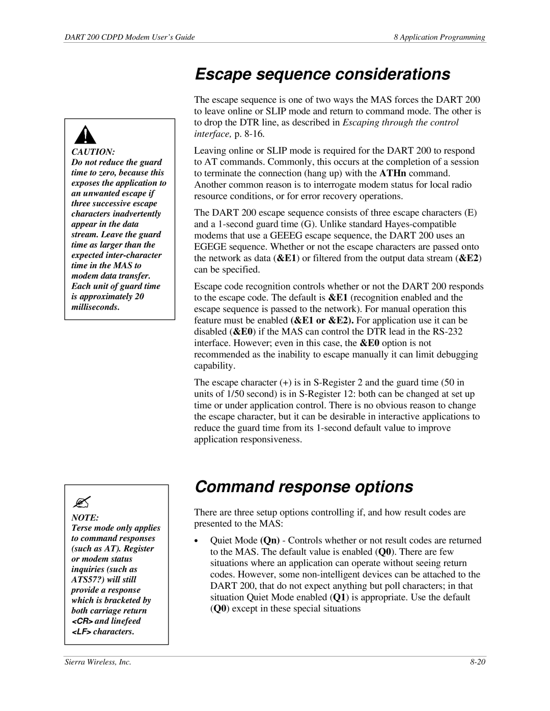 Sierra Wireless DART 200 CDPD Modem manual Escape sequence considerations, Command response options 