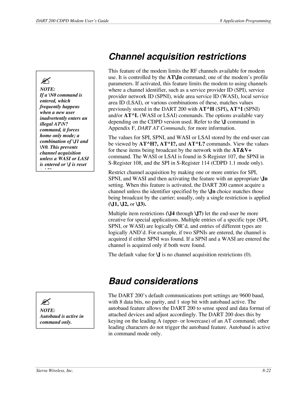 Sierra Wireless DART 200 CDPD Modem manual Channel acquisition restrictions, Baud considerations 