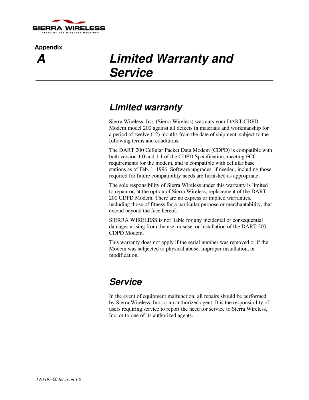 Sierra Wireless DART 200 CDPD Modem manual Limited Warranty, Service, Limited warranty 