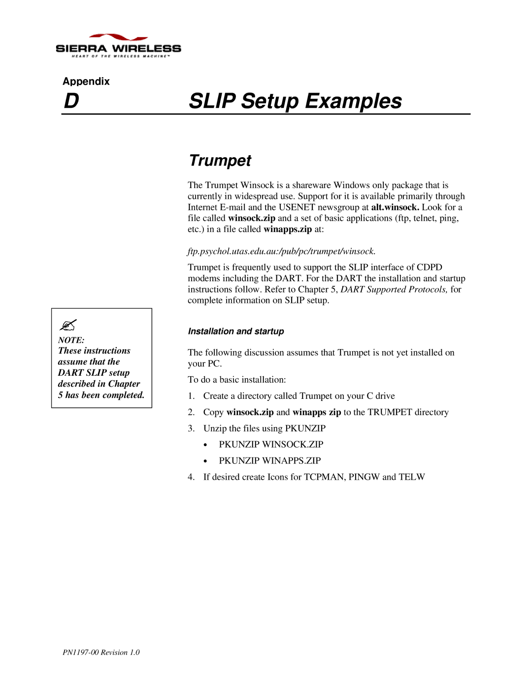 Sierra Wireless DART 200 CDPD Modem manual Slip Setup Examples, Trumpet 