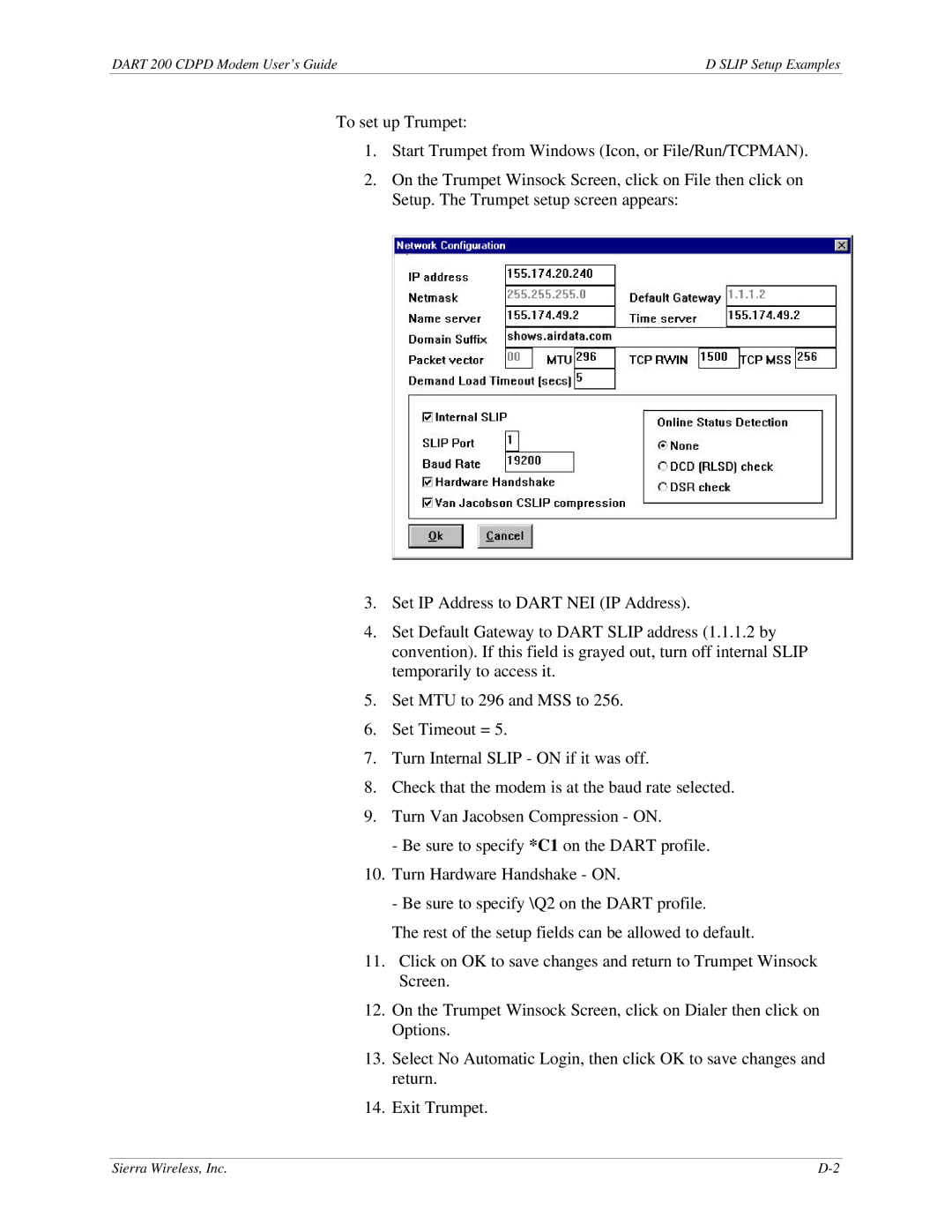 Sierra Wireless DART 200 CDPD Modem manual Dart 200 Cdpd Modem User’s Guide Slip Setup Examples 