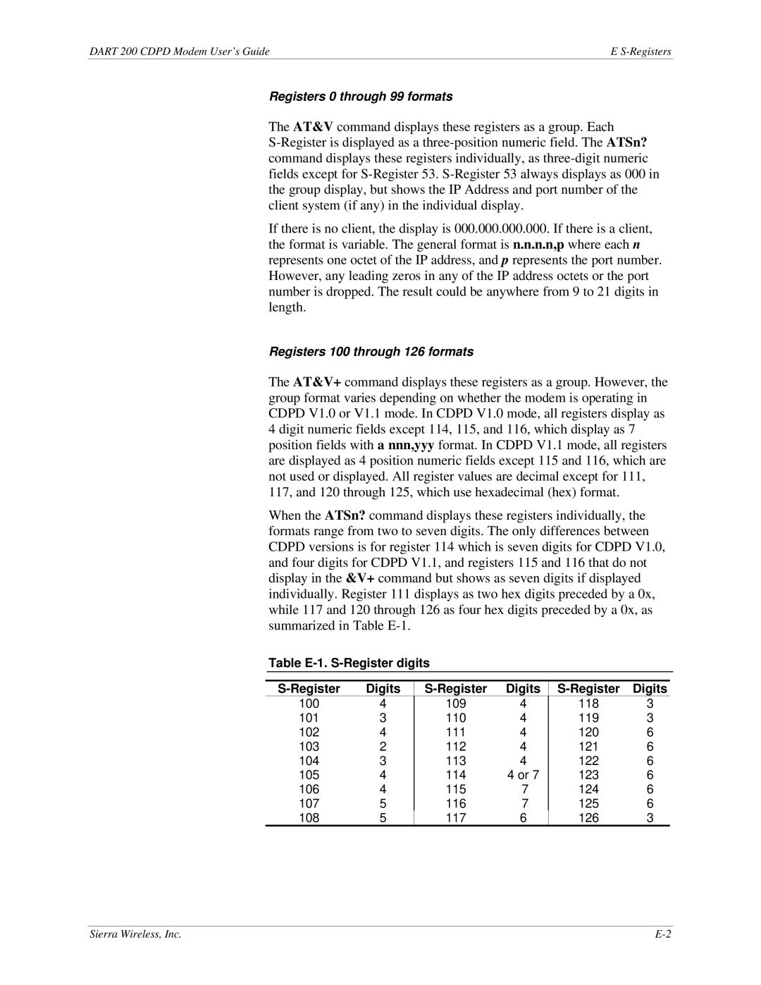 Sierra Wireless DART 200 CDPD Modem manual Table E-1. S-Register digits Digits 