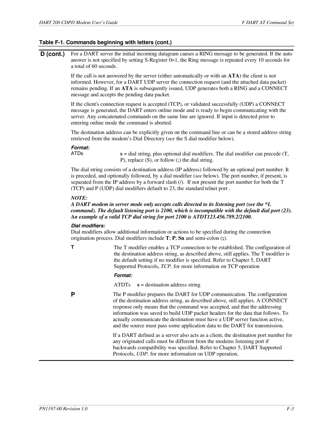 Sierra Wireless DART 200 CDPD Modem manual Replace S, or follow the dial string 