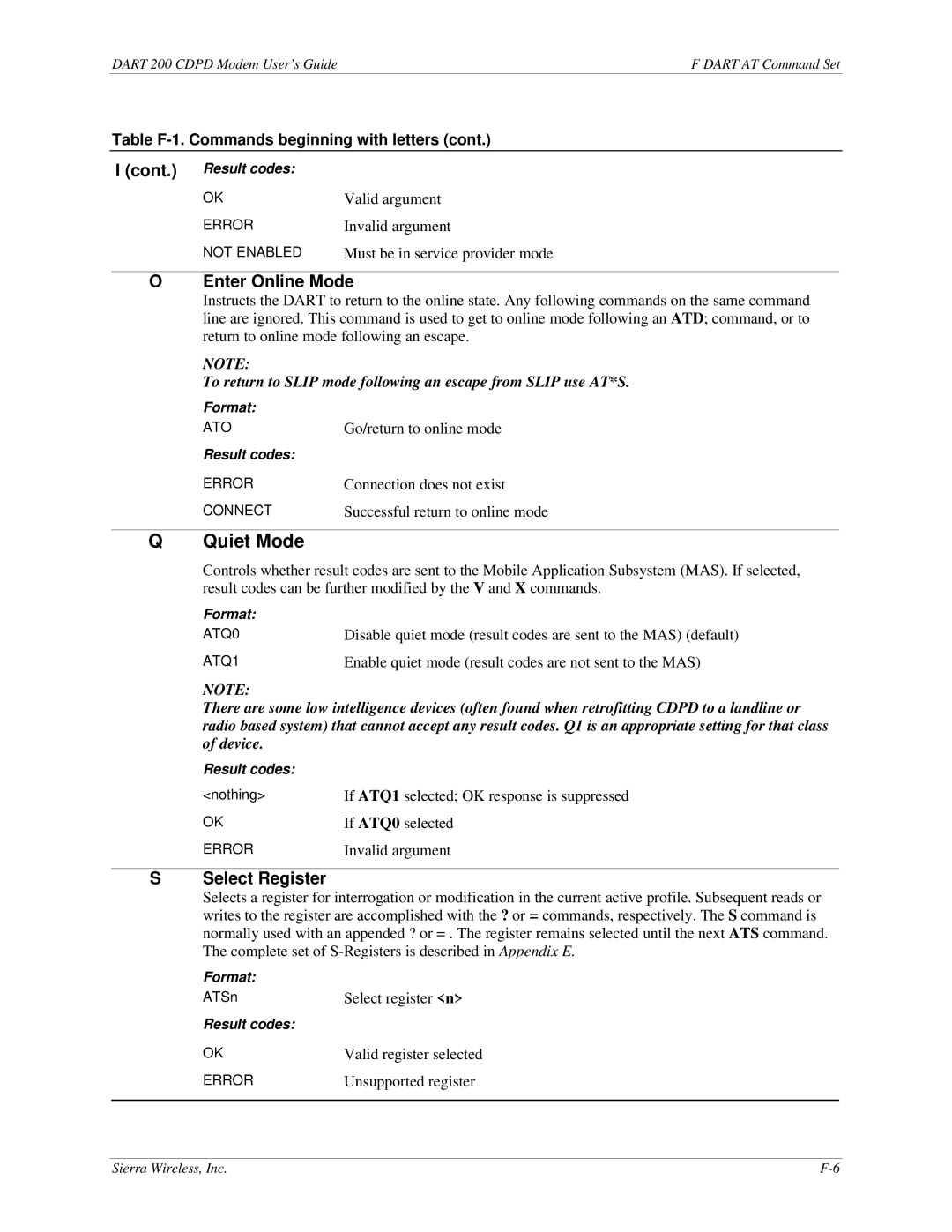 Sierra Wireless DART 200 CDPD Modem manual Enter Online Mode, Select Register 