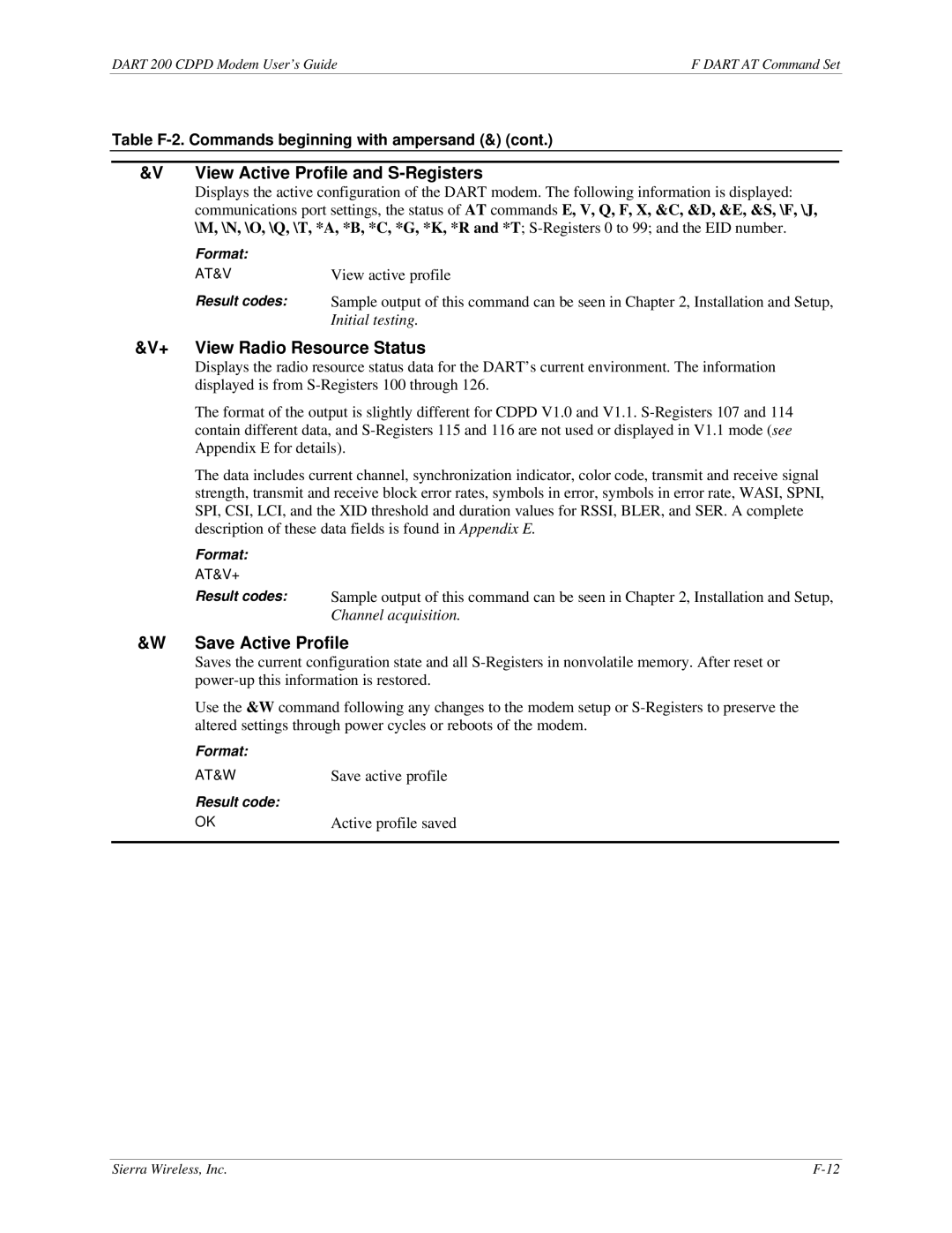 Sierra Wireless DART 200 CDPD Modem View Active Profile and S-Registers, + View Radio Resource Status, Save Active Profile 