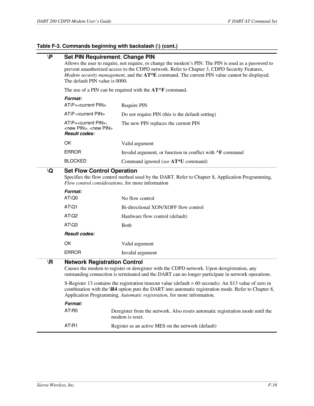 Sierra Wireless DART 200 CDPD Modem manual Set PIN Requirement Change PIN, Set Flow Control Operation 