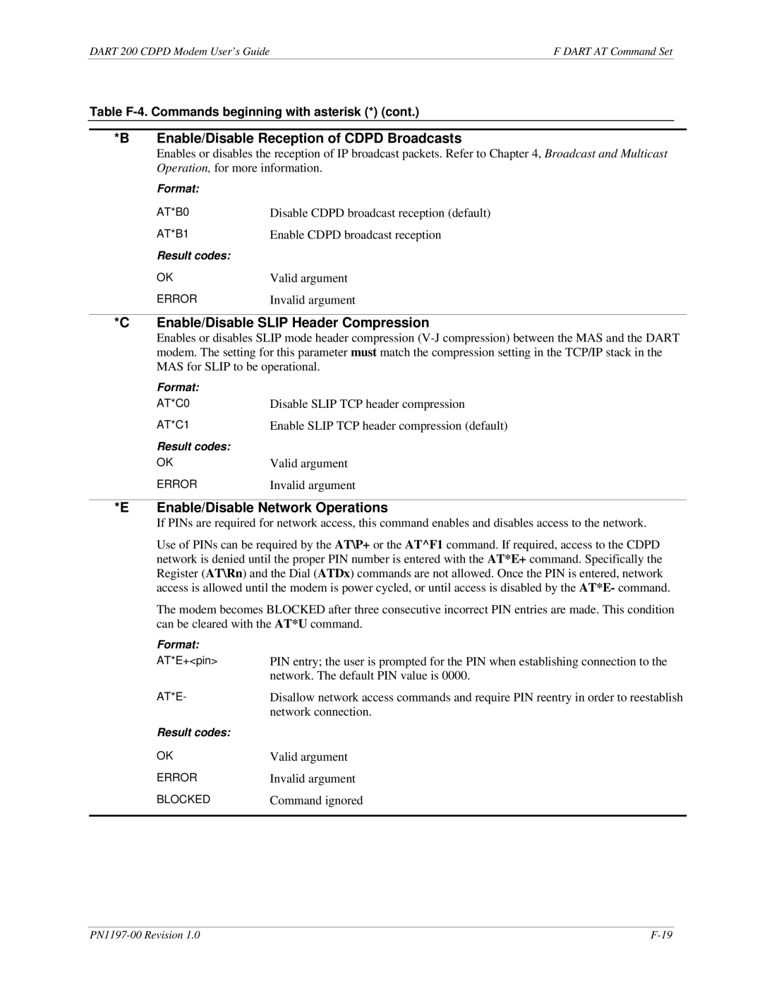 Sierra Wireless DART 200 CDPD Modem Enable/Disable Reception of Cdpd Broadcasts, Enable/Disable Slip Header Compression 