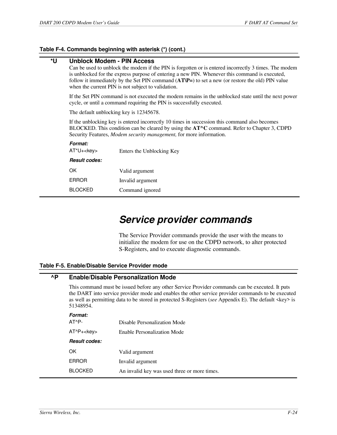 Sierra Wireless DART 200 CDPD Modem manual Service provider commands, Unblock Modem PIN Access 