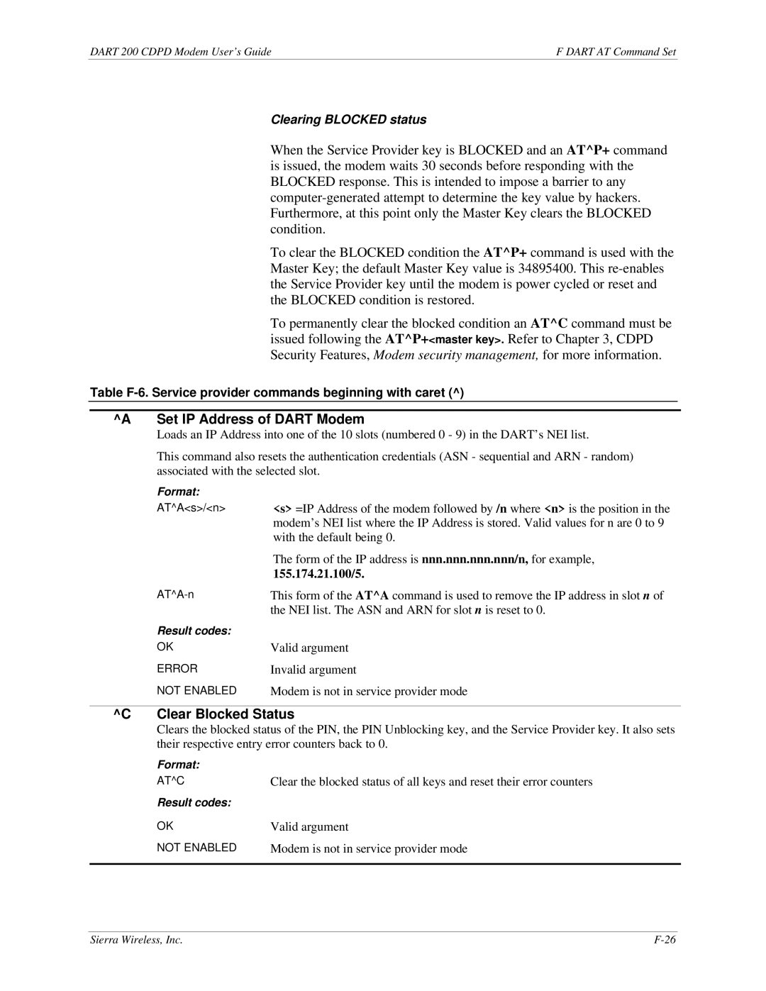 Sierra Wireless DART 200 CDPD Modem manual Set IP Address of Dart Modem, Clear Blocked Status 