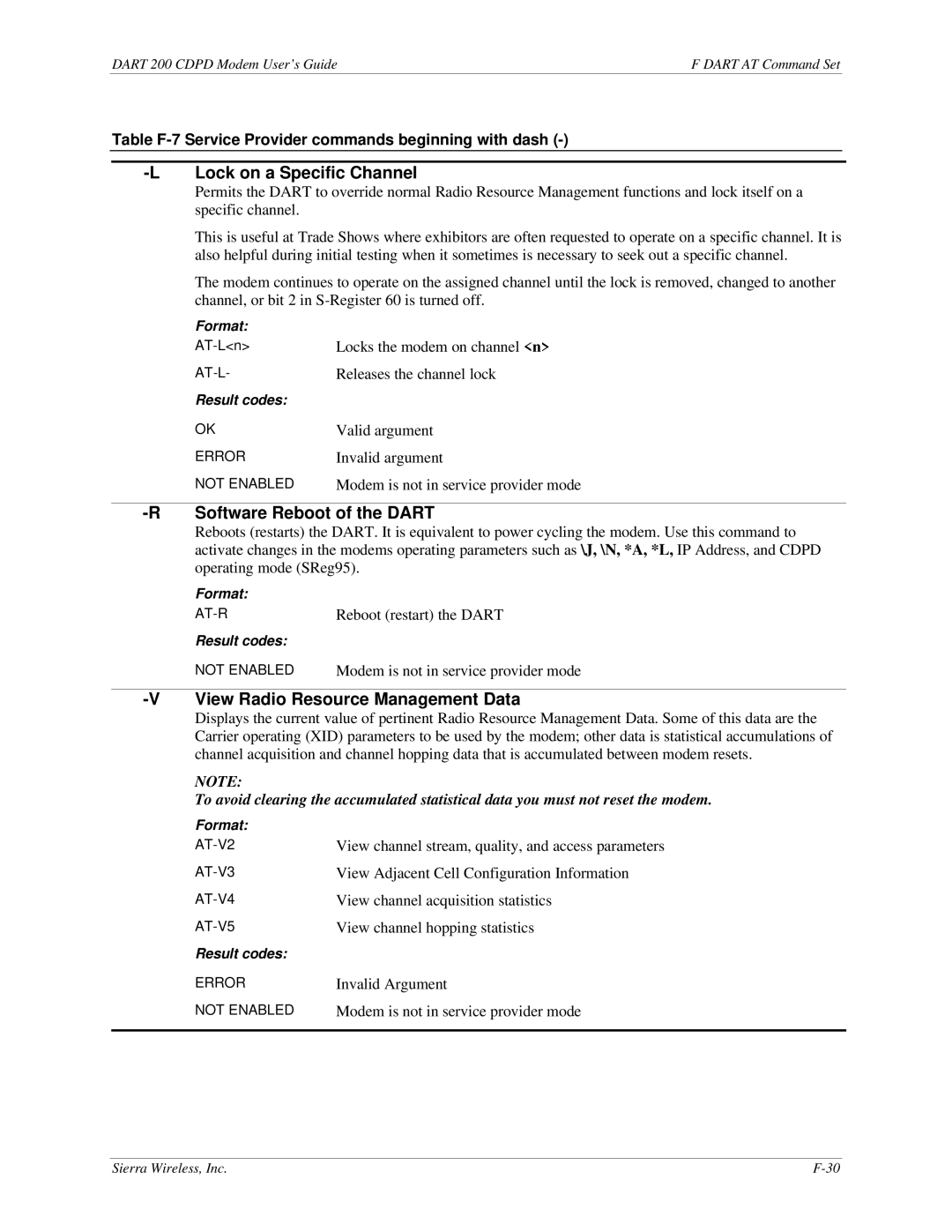 Sierra Wireless DART 200 CDPD Modem manual Lock on a Specific Channel, Software Reboot of the Dart 