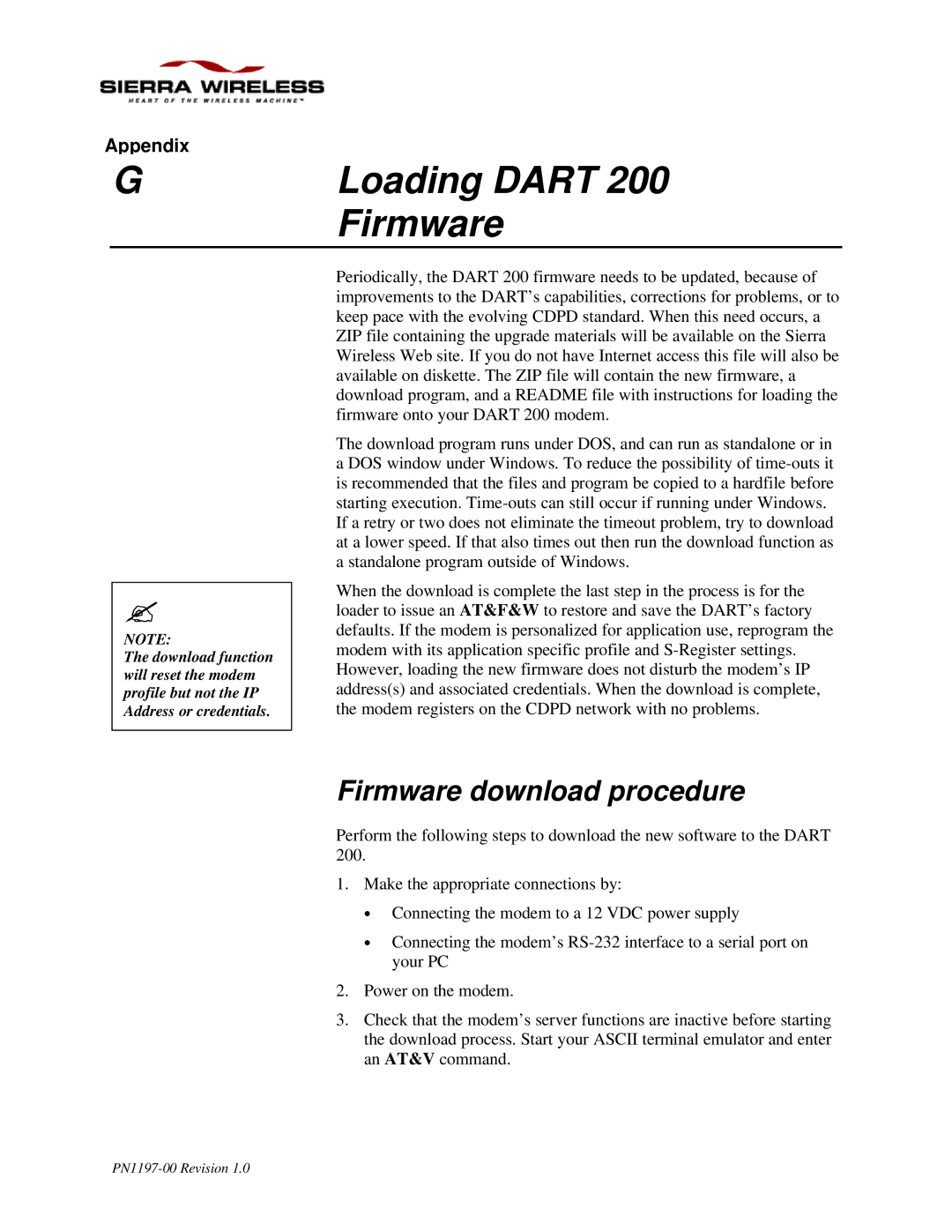 Sierra Wireless DART 200 CDPD Modem manual Loading Dart, Firmware download procedure 