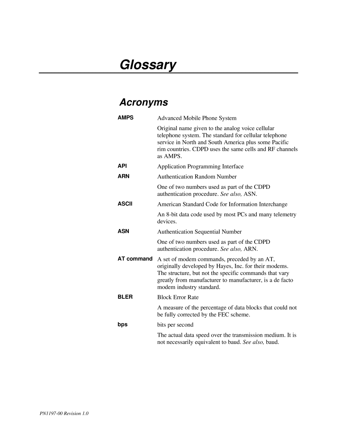 Sierra Wireless DART 200 CDPD Modem manual Glossary, Acronyms, Bps 