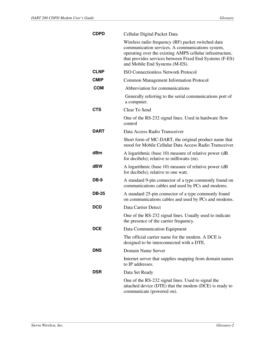 Sierra Wireless DART 200 CDPD Modem manual DBm DBW DB-9 DB-25 