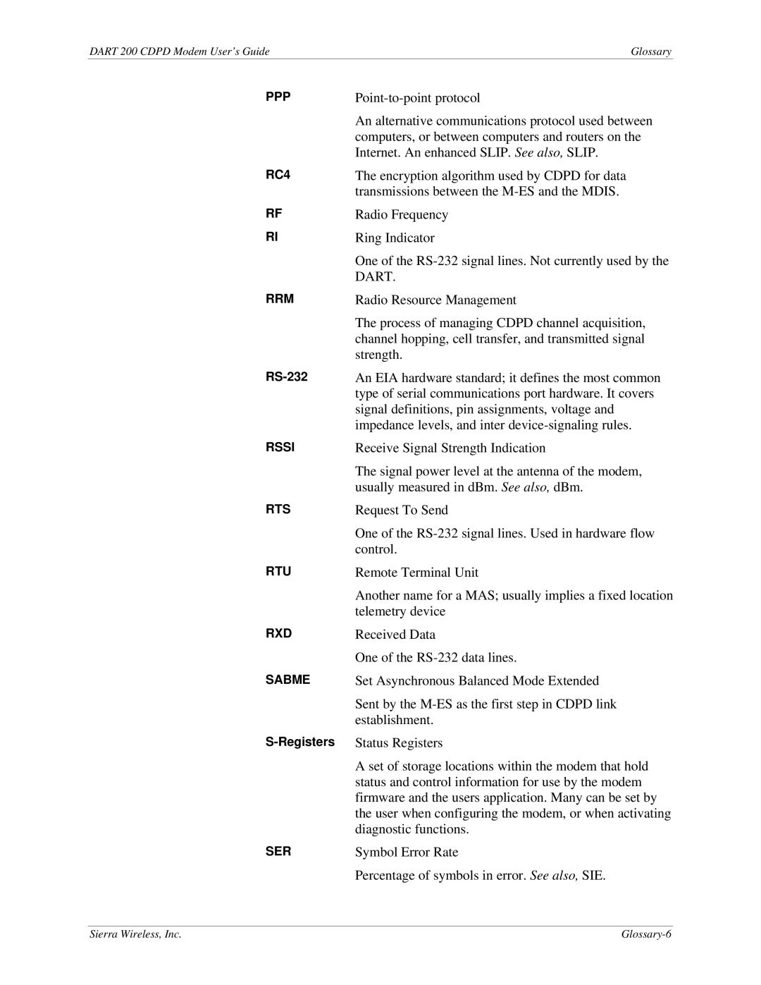 Sierra Wireless DART 200 CDPD Modem manual RS-232, Registers 