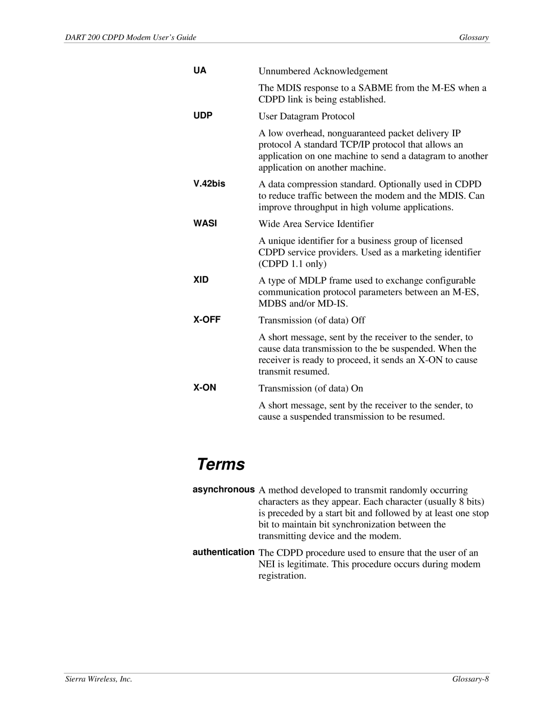 Sierra Wireless DART 200 CDPD Modem manual Terms, 42bis, Asynchronous Authentication 