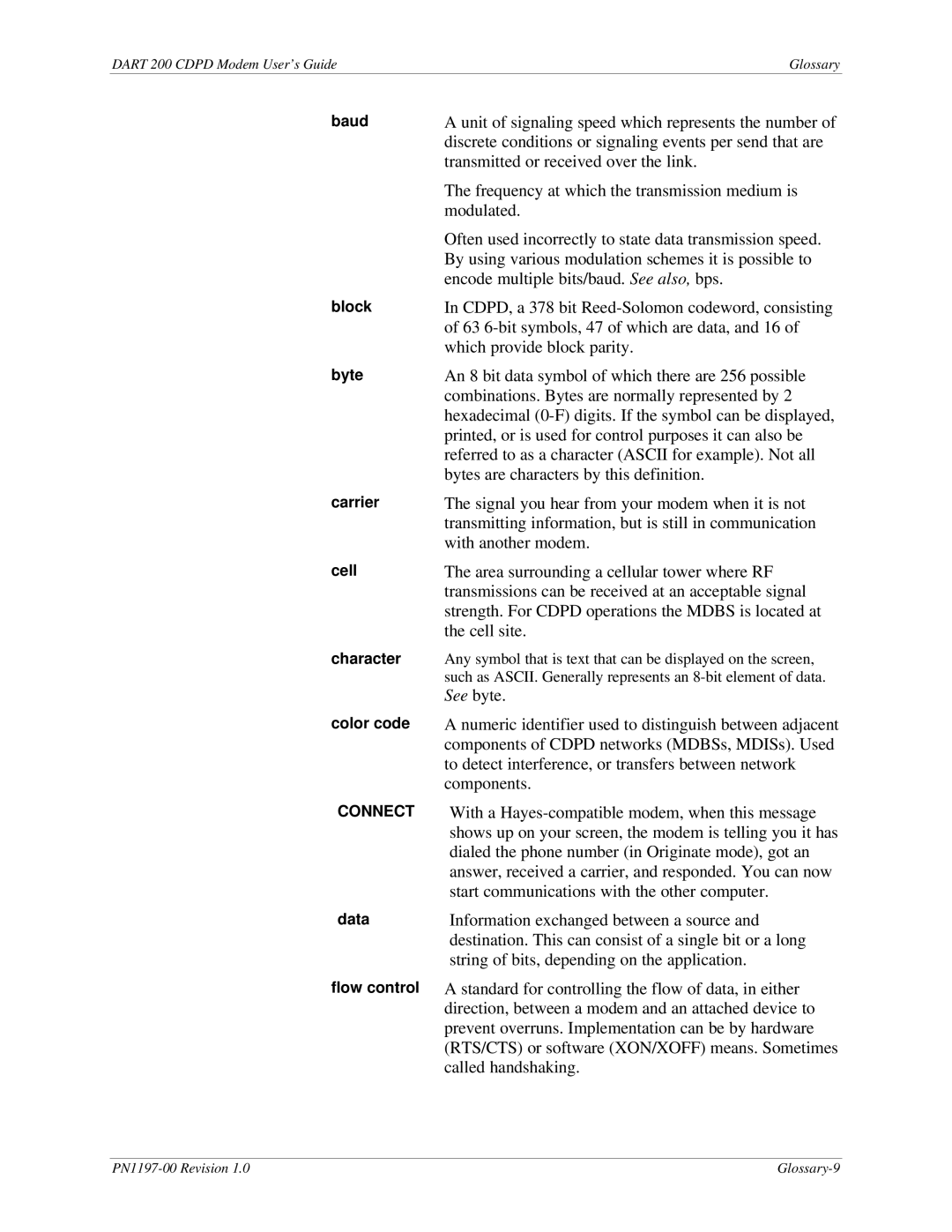 Sierra Wireless DART 200 CDPD Modem manual Baud Block, Byte, Carrier, Cell, Character Color code, Data Flow control 