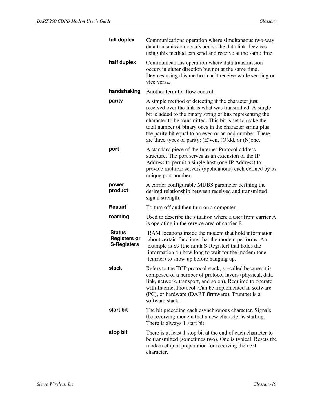 Sierra Wireless DART 200 CDPD Modem manual Sierra Wireless, Inc Glossary-10 