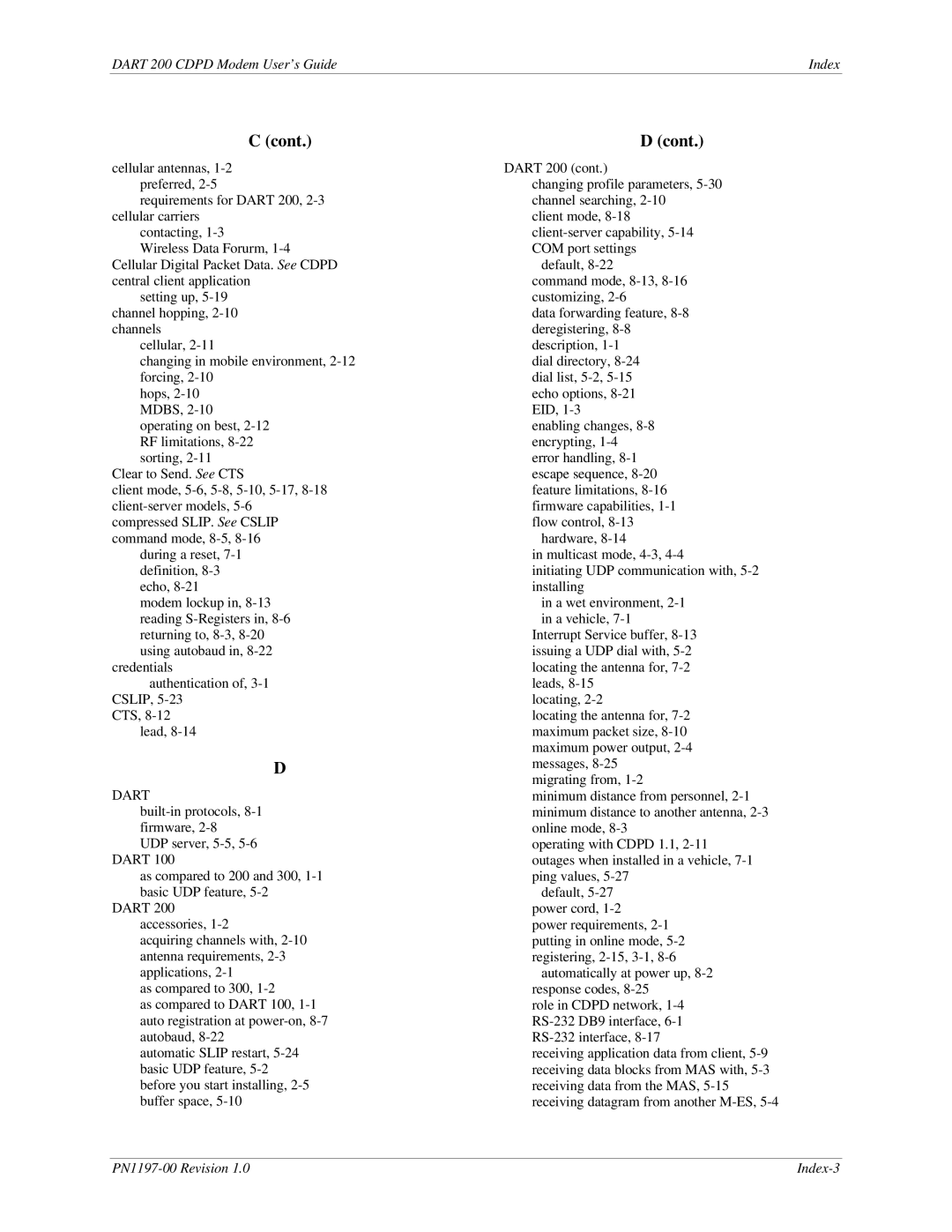 Sierra Wireless DART 200 CDPD Modem manual PN1197-00 Revision Index-3 