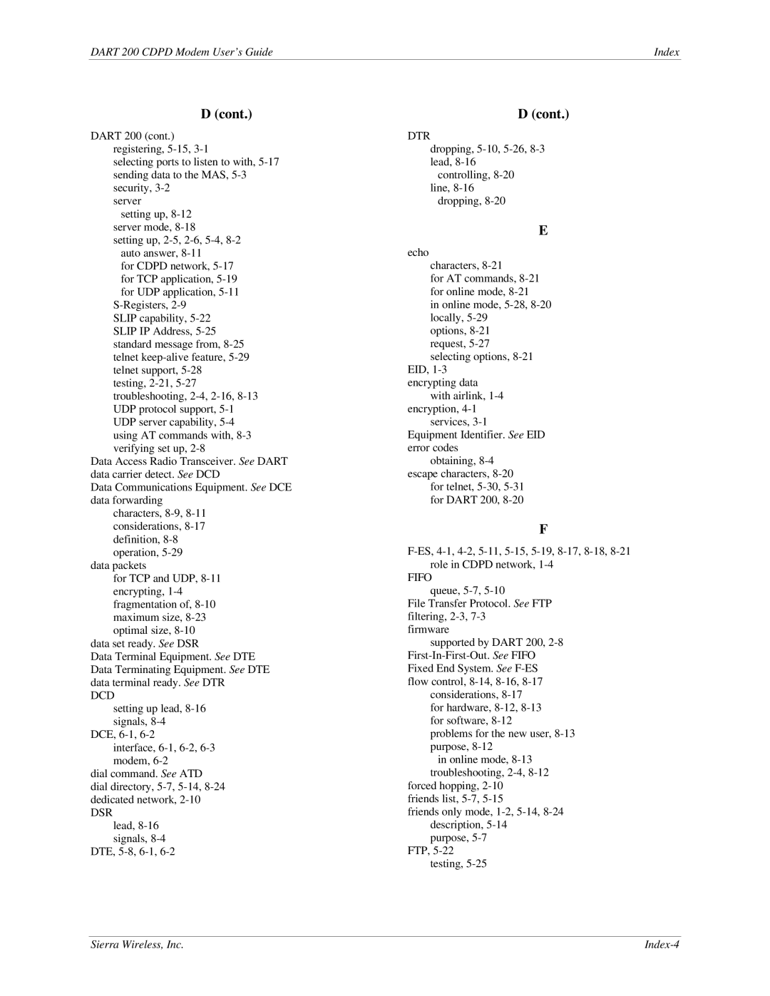 Sierra Wireless DART 200 CDPD Modem manual Sierra Wireless, Inc Index-4 