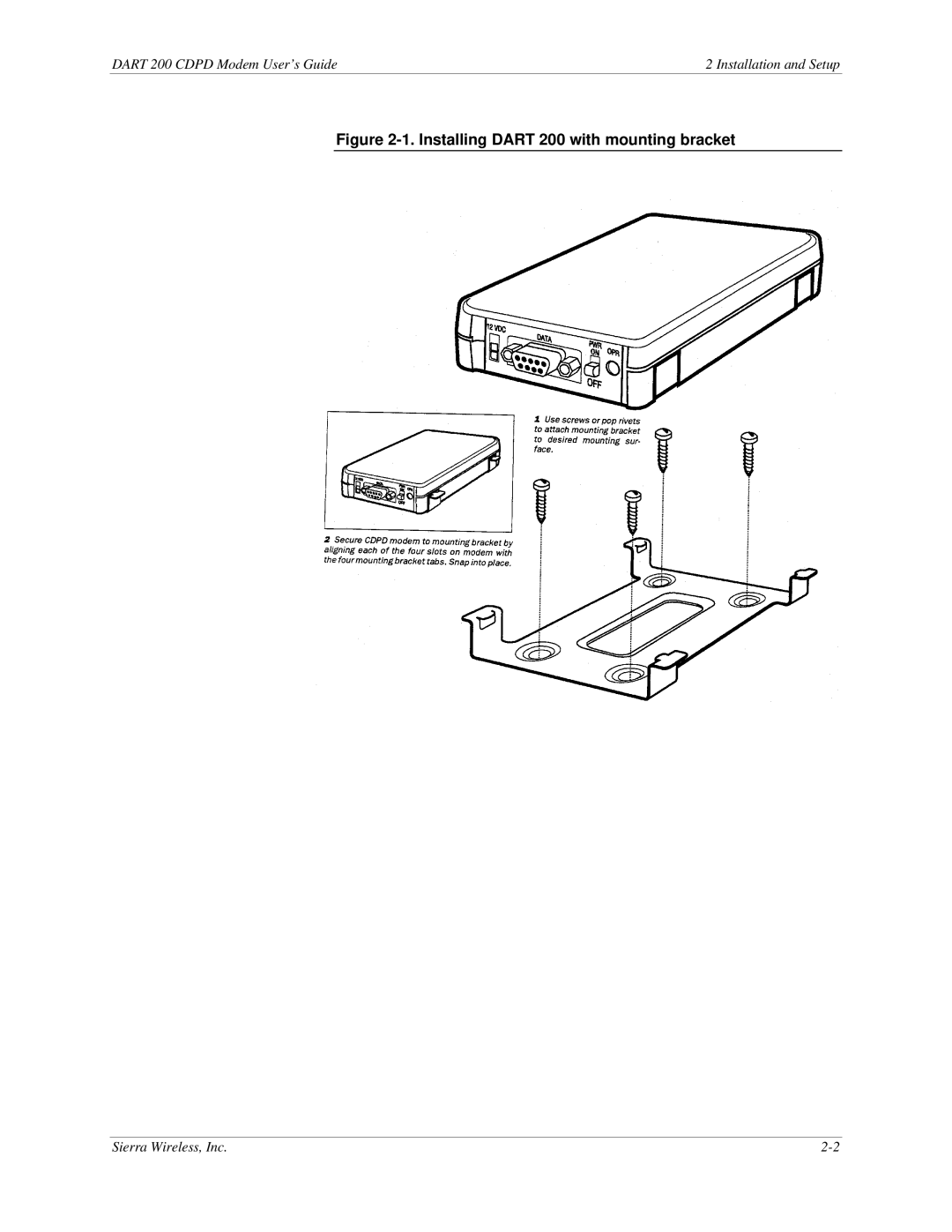 Sierra Wireless DART 200 CDPD Modem manual Installing Dart 200 with mounting bracket 