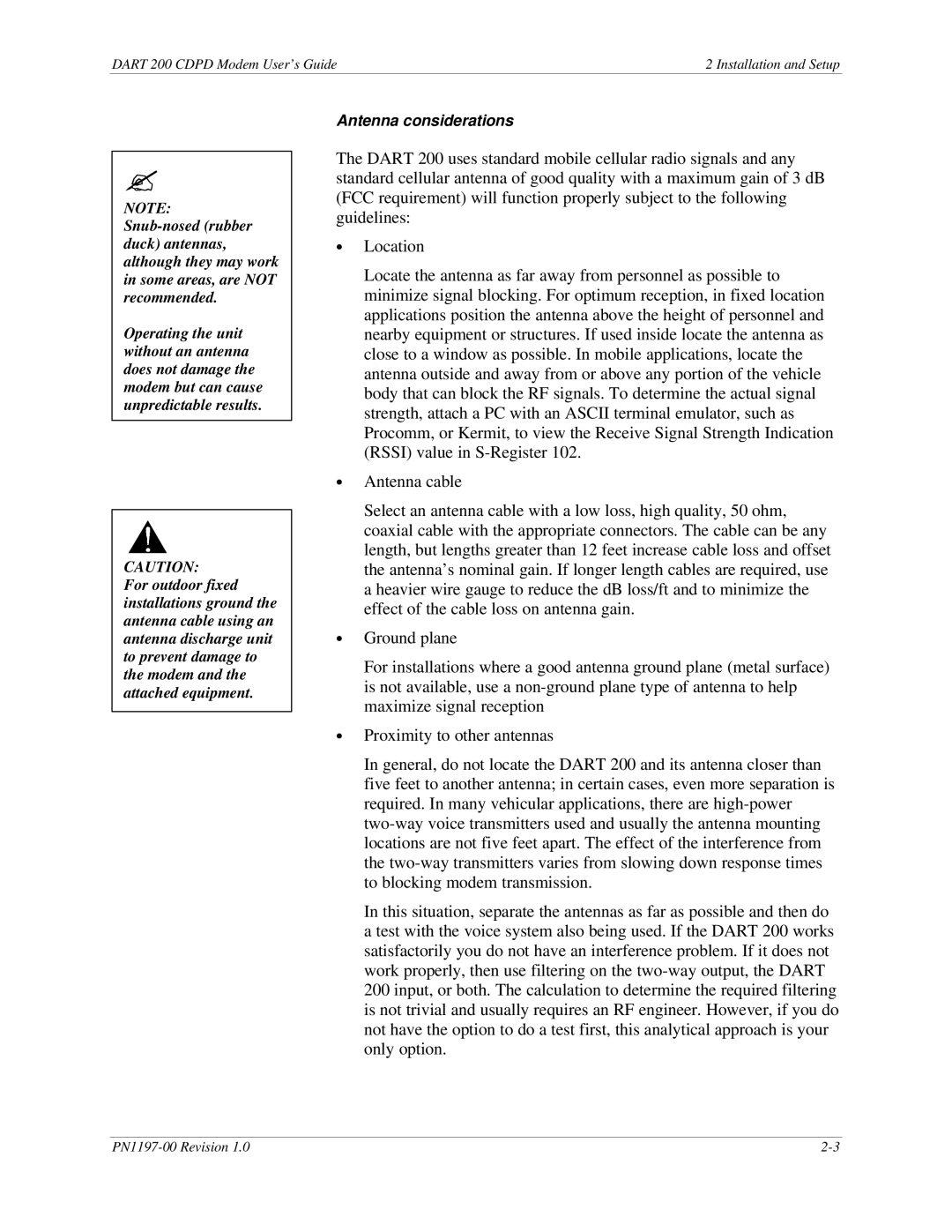 Sierra Wireless DART 200 CDPD Modem manual Antenna considerations 